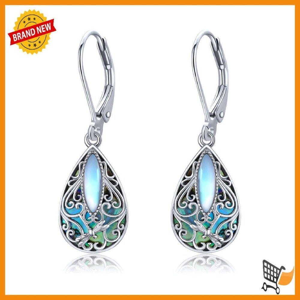 Sterling Silver Dragonfly Abalone Drop Earrings Leverback 2.95"